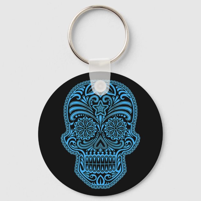 Decorative Blue and Black Sugar Skull Keychain (Front)