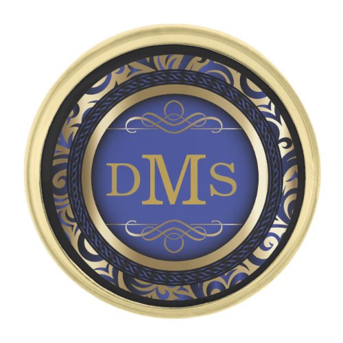Decorative Blue and Gold Design with Monogram Gold Finish Lapel Pin