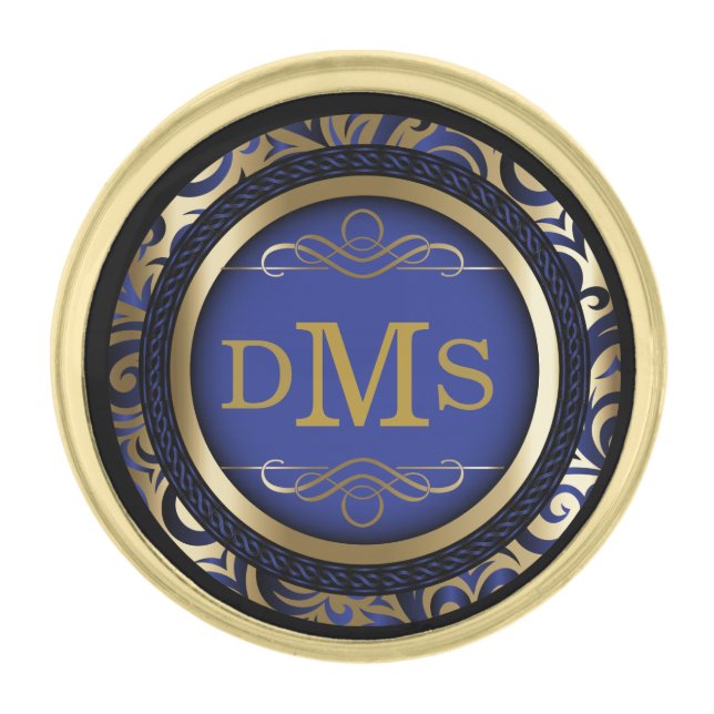 Decorative Blue and Gold Design with Monogram Gold Finish Lapel Pin (Front)