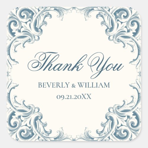 Decorative Blue Baroque Wedding Thank You Square Sticker