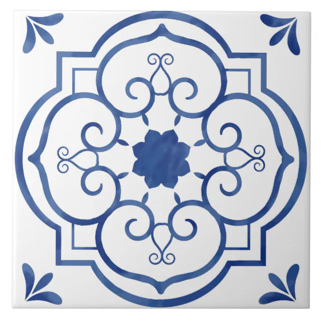 Decorative Blue Floral Pattern Tile | Zazzle