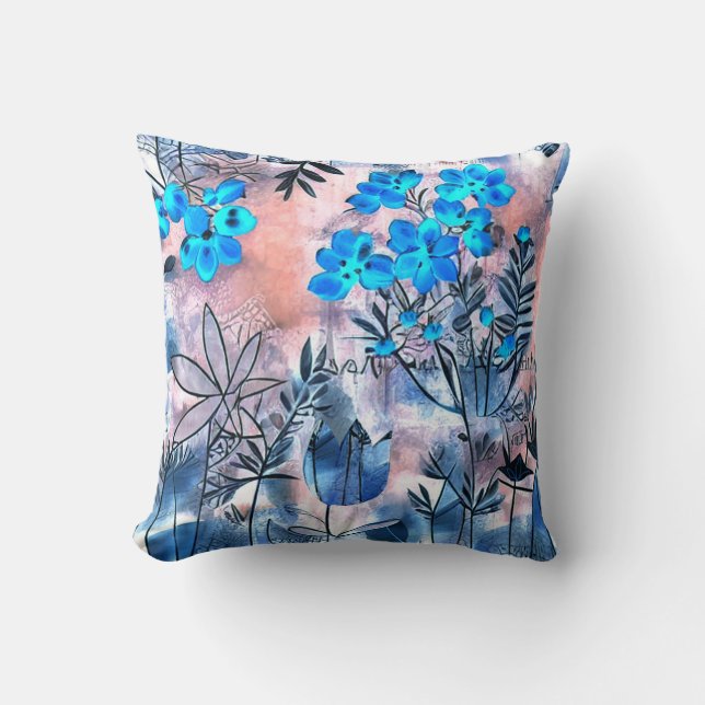 Decorative blue flowers throw pillow (Front)
