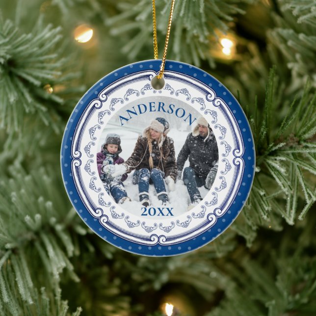 Decorative blue plate personalized photo Christmas Ceramic Ornament (Tree)