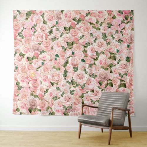 Decorative Blush Pink Gold Glam Rose Botanical Tapestry