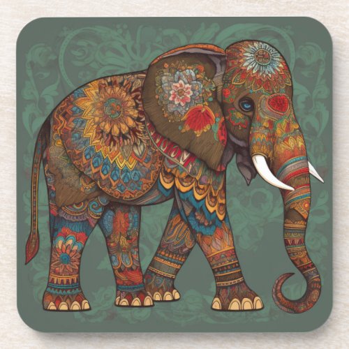 Decorative Boho Elephant Artwork Beverage Coaster