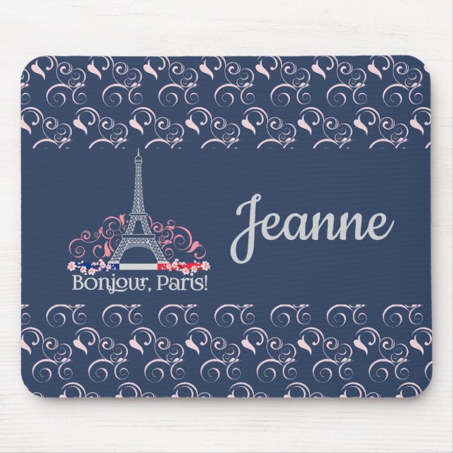 Decorative Bonjour Paris Personalized Name Mouse Pad (Front)