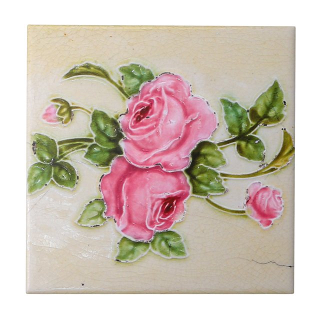 Decorative Bouquet Pink Roses Green Petals Kitchen Tile (Front)