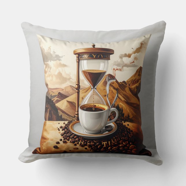 Decorative "Brew Time" Pillow - Hourglass and Cup (Front)