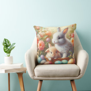 Decorative Bunny Rabbit Easter Eggs Holiday Throw Pillow