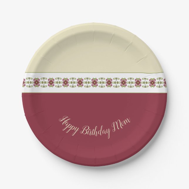 Decorative Burgundy Floral Paper Plates (Front)