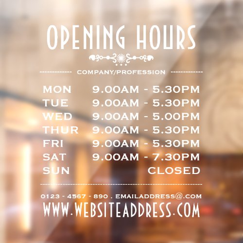 Decorative Business Opening Hours and Information Window Cling