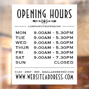Decorative Business Opening Hours and Information Window Cling