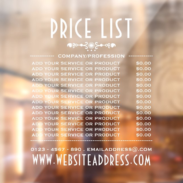 Decorative Business Price List and Information Window Cling (Sheet 2)
