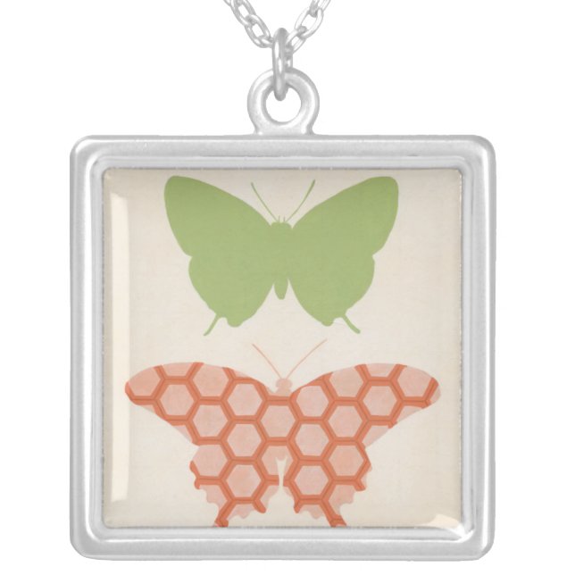 Decorative Butterfly Patterns on Cream Background Silver Plated Necklace (Front)