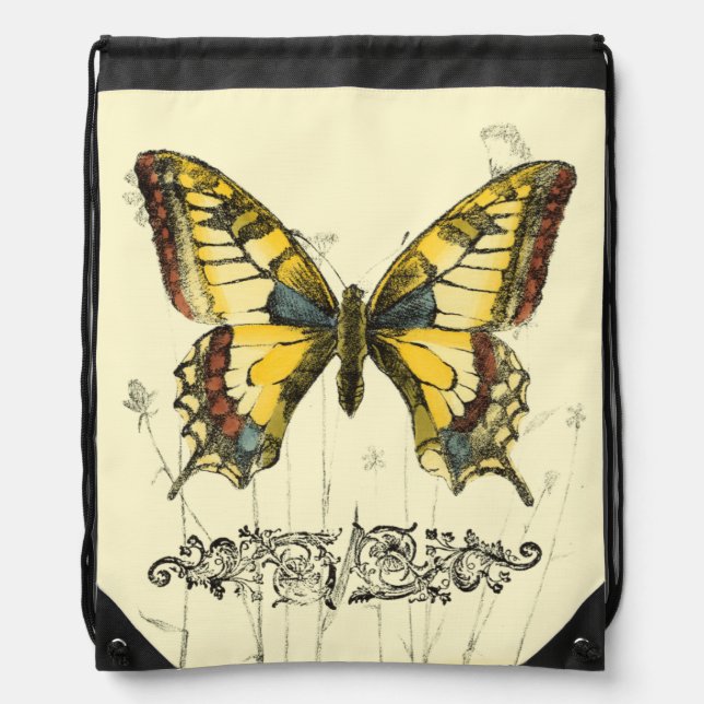 Decorative Butterfly with Wildflowers Drawstring Bag (Front)