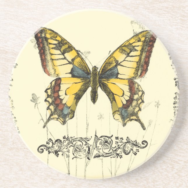 Decorative Butterfly with Wildflowers Sandstone Coaster (Front)