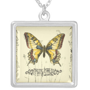 Decorative Butterfly with Wildflowers Silver Plated Necklace