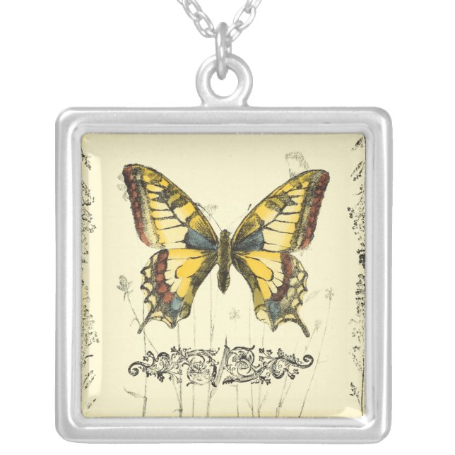 Decorative Butterfly with Wildflowers Silver Plated Necklace (Front)