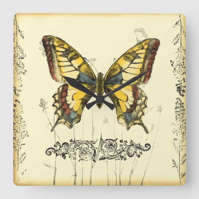 Decorative Butterfly with Wildflowers Square Wall Clock (Front)