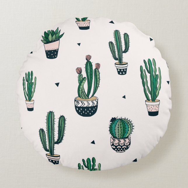 Decorative Cacti Succulents Seamless Pattern Round Pillow (Front)