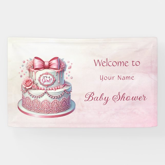 Decorative Cake Pink Bow Baby Shower Banner (Horizontal)