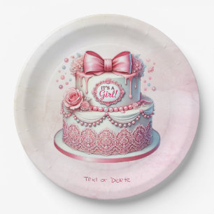 Decorative Cake Pink Bow Paper Plate
