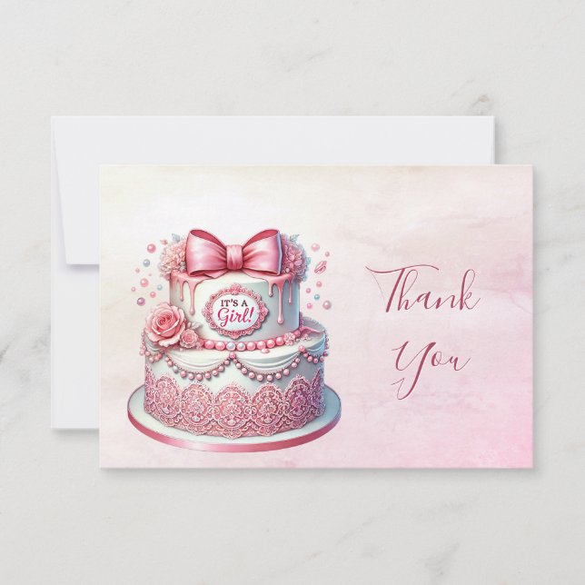 Decorative Cake Pink Bow Thank You Card (Front)