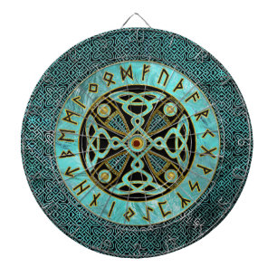 Decorative Celtic Cross - and Runes alphabet Dartboard With Darts