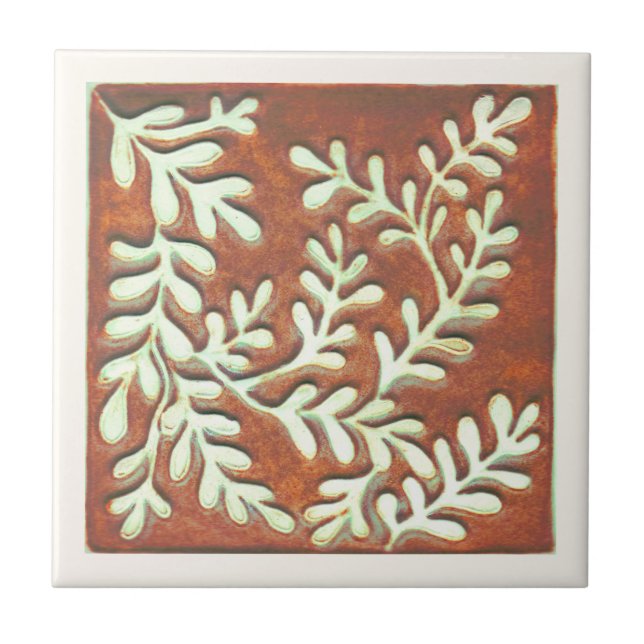 Decorative Ceramic tile, rust & white leaves Ceramic Tile (Front)