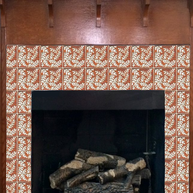 Decorative Ceramic tile, rust & white leaves Tile (Rust and white tile shown on a craftsman fireplace.)