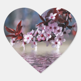 Decorative cherry tree blossoms heart sticker