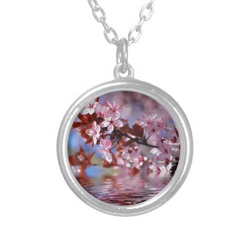 Decorative cherry tree blossoms silver plated necklace