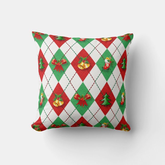 Decorative Christmas argyle green red fabric Throw Pillow (Front)
