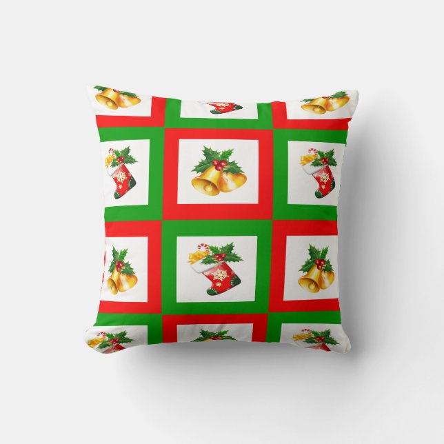 Decorative Christmas bell red white holly Throw Pillow (Front)