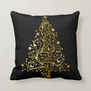 Decorative Christmas Gold Glitter Tree Black Throw Pillow