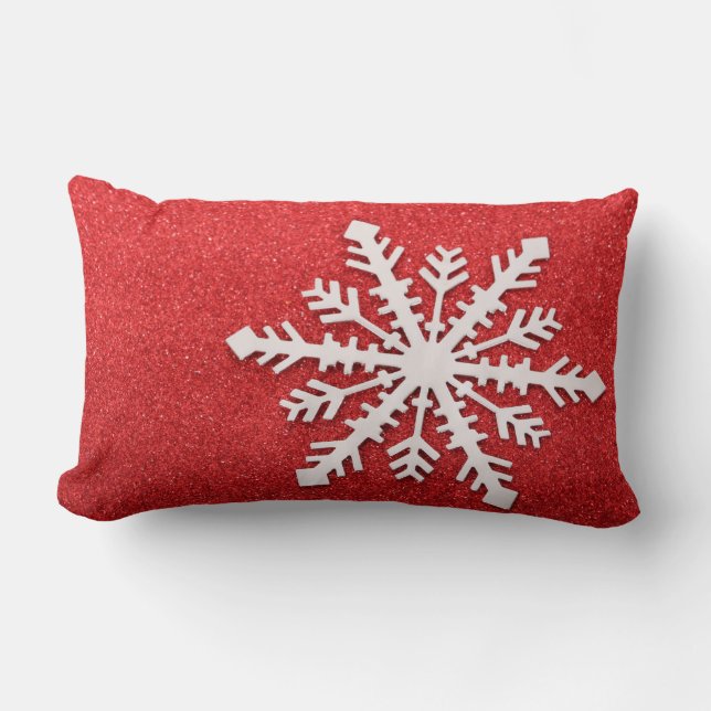 Decorative Christmas Red Glitter Snowflake Holiday Lumbar Pillow (Front)