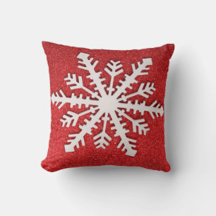 Decorative Christmas Red Glitter Snowflake Holiday Throw Pillow