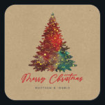 Decorative Christmas Tree Merry Christmas Square Sticker<br><div class="desc">Beautiful decorated lit Christmas Tree with Merry Christmas calligraphy script against kraft effect paper.  Customize with name and year.  Happy Holidays!</div>