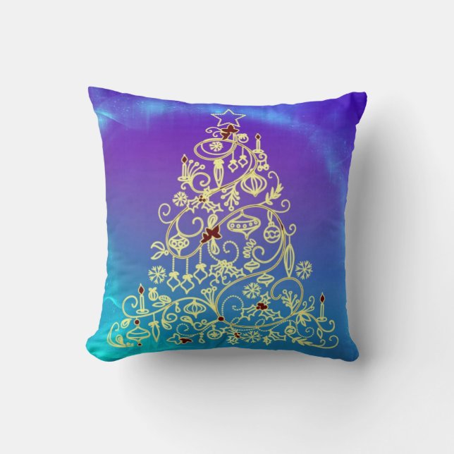 Decorative Christmas Tree with Gold & Glitter Throw Pillow (Front)