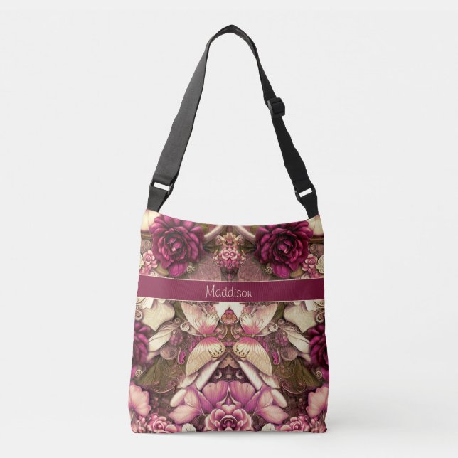 Decorative Collage Butterflies And Roses Crossbody Bag (Front)