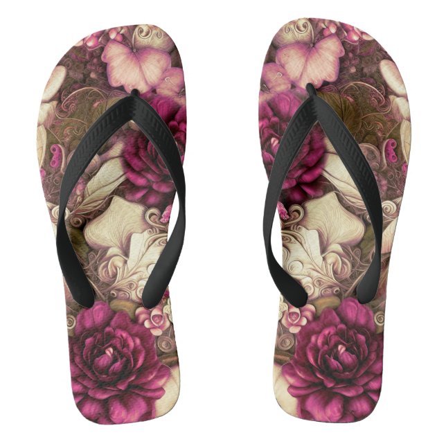 Decorative Collage Butterflies And Roses Flip Flops (Footbed)