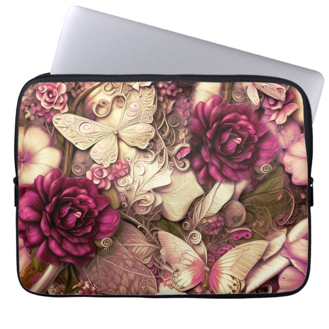 Decorative Collage Butterflies And Roses Laptop Sleeve (Front)
