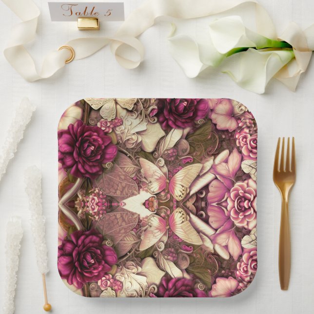 Decorative Collage Butterflies And Roses Paper Plates (Wedding)