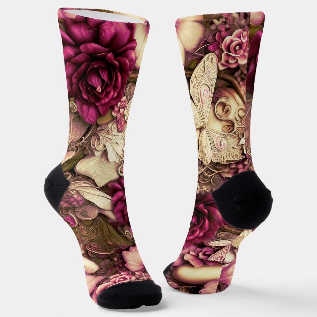 Decorative Collage Butterflies And Roses Socks (Angled)