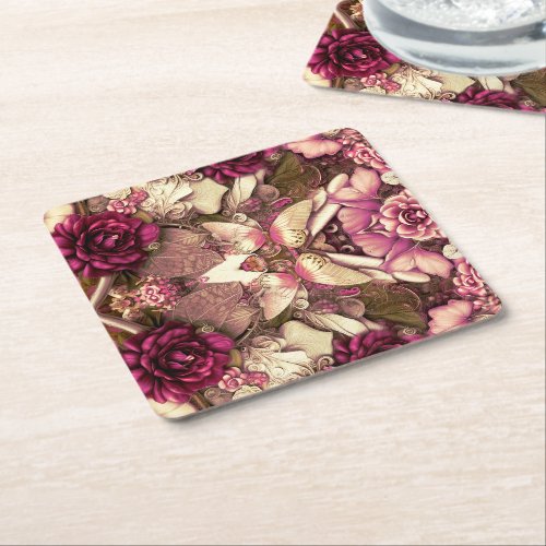 Decorative Collage Butterflies And Roses Square Paper Coaster