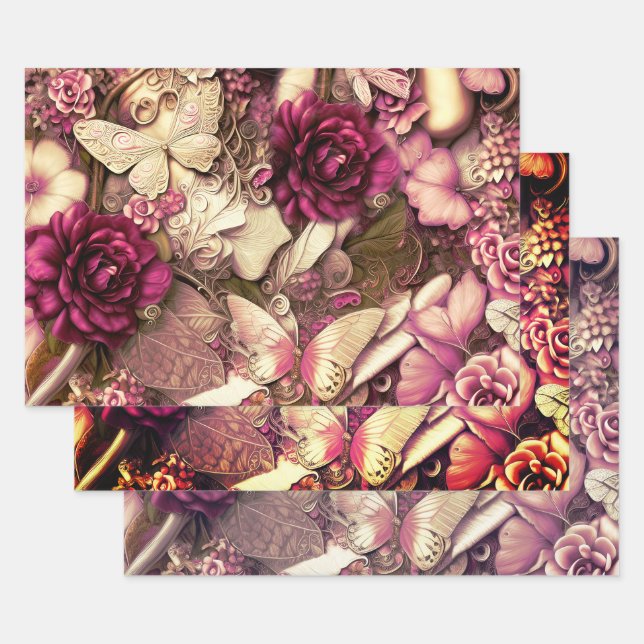 Decorative Collage Butterflies And Roses  Wrapping Paper Sheets (Set)
