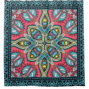 Decorative colorful ornament on a black background shower curtain