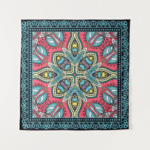 Decorative colorful ornament on a black background tapestry