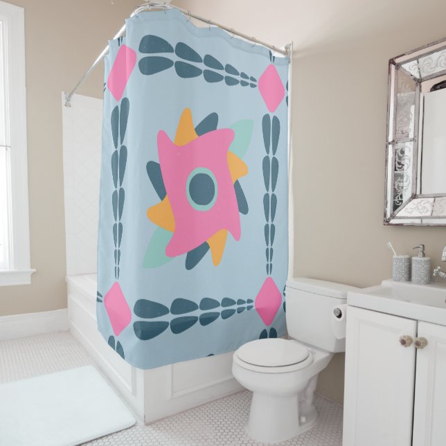 Decorative colorful tile shower curtain (In Situ)
