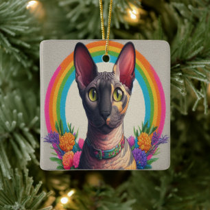 Decorative Cornish Rex Cat Colorful Floral Border Ceramic Ornament